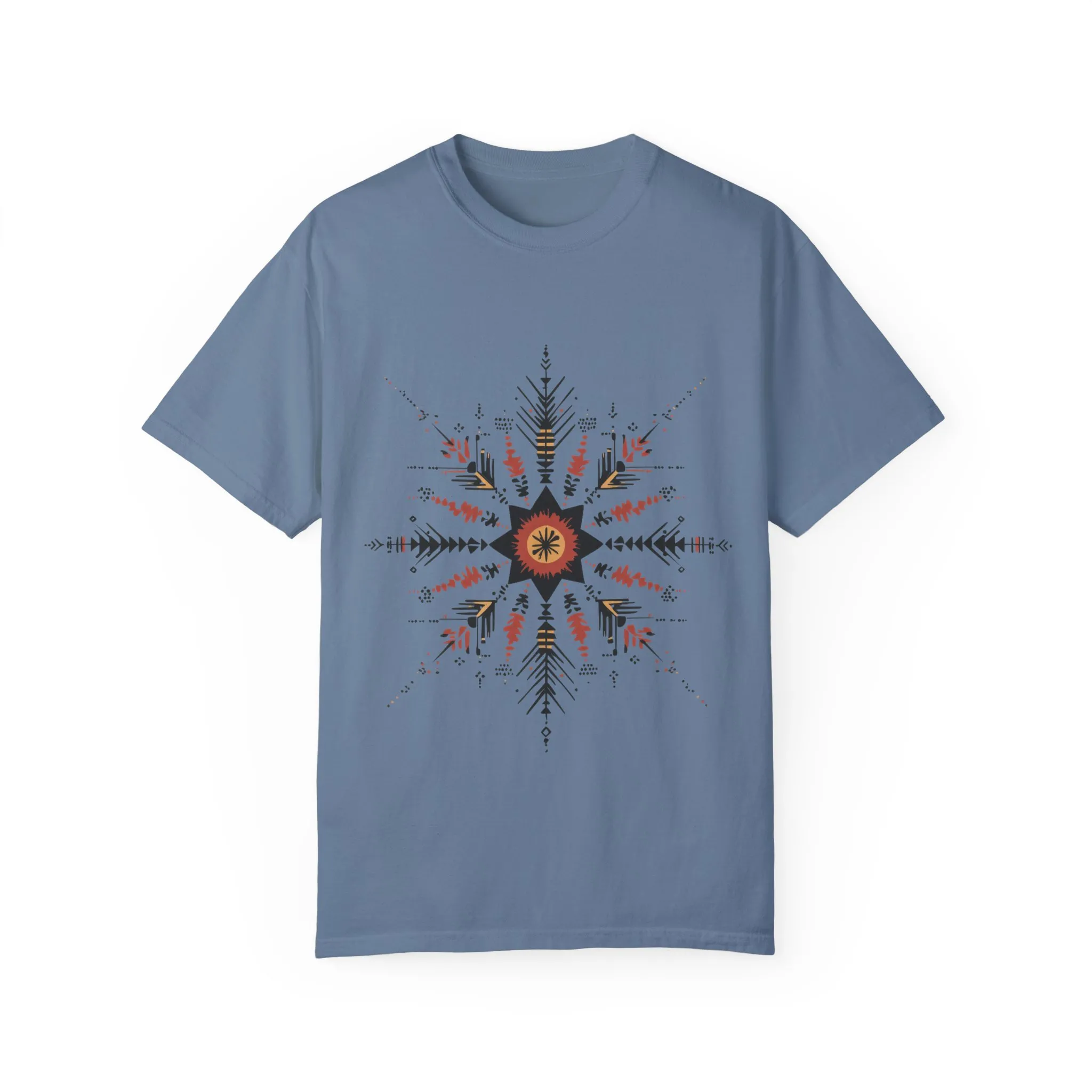 Boho chic nature t-shirt with geometric tribal design, artistic mandala print tee, unisex garment-dyed earthy tone t-shirt, bohemian festival fashion t-shirt.
