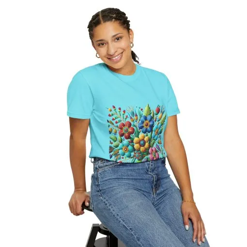 Colorful floral t-shirt with artistic flower print, vibrant unisex garment-dyed tee, bohemian botanical design t-shirt, handmade style floral print tee on light blue fabric.