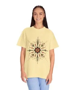 Boho chic nature t-shirt with geometric tribal design, artistic mandala print tee, unisex garment-dyed earthy tone t-shirt, bohemian festival fashion t-shirt.