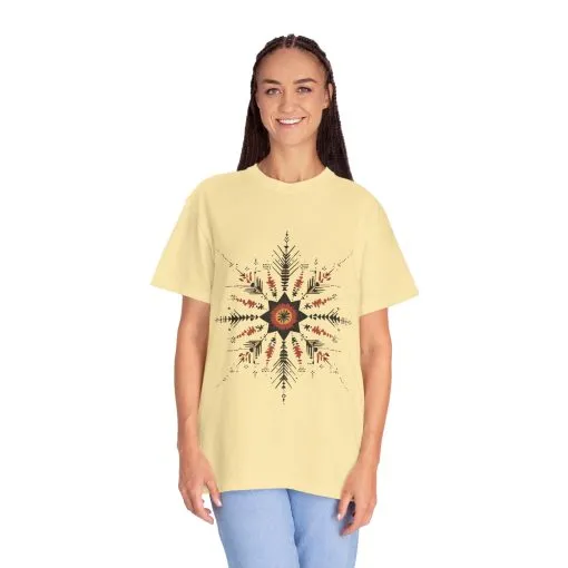Boho chic nature t-shirt with geometric tribal design, artistic mandala print tee, unisex garment-dyed earthy tone t-shirt, bohemian festival fashion t-shirt.