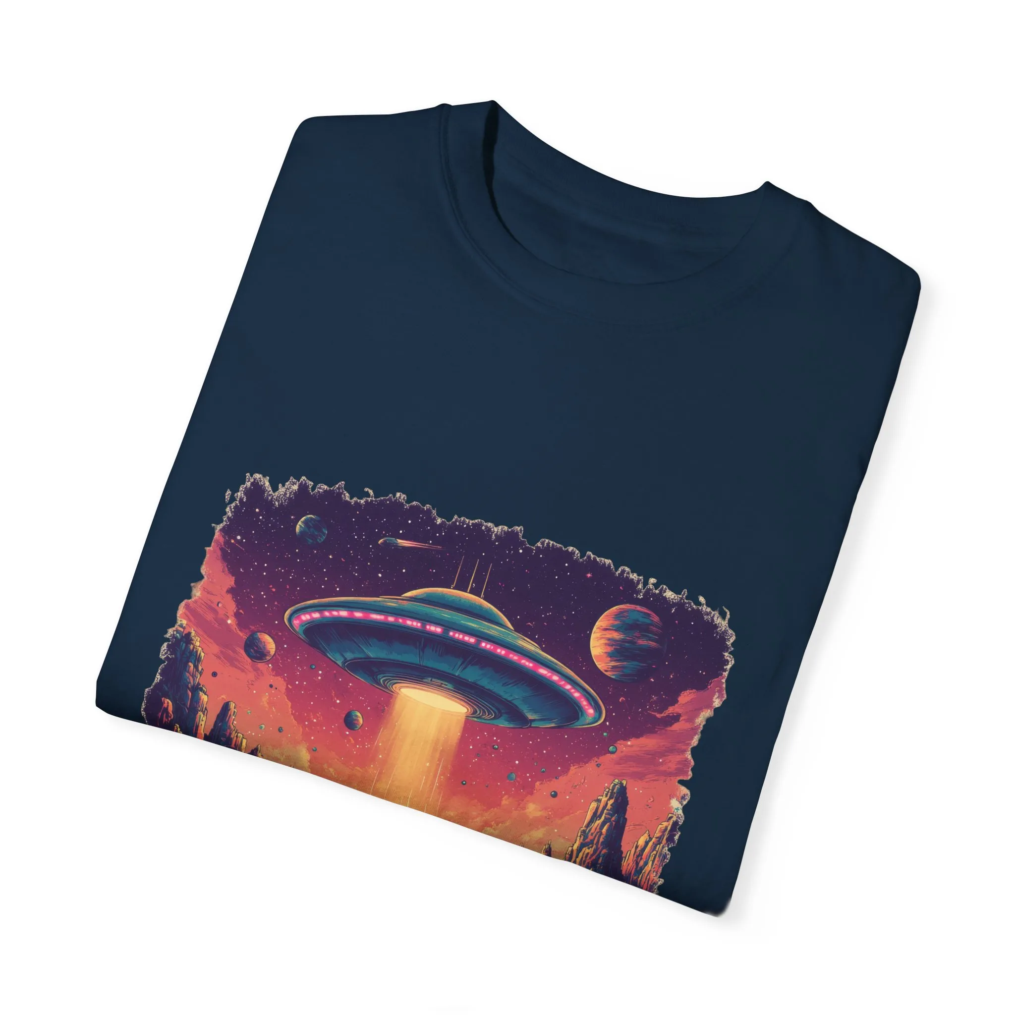 Galactic Adventure Unisex T-Shirt - UFO and Cosmic Landscape Design - Image 2
