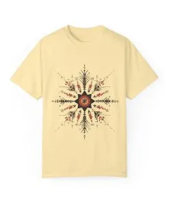 Boho chic nature t-shirt with geometric tribal design, artistic mandala print tee, unisex garment-dyed earthy tone t-shirt, bohemian festival fashion t-shirt.