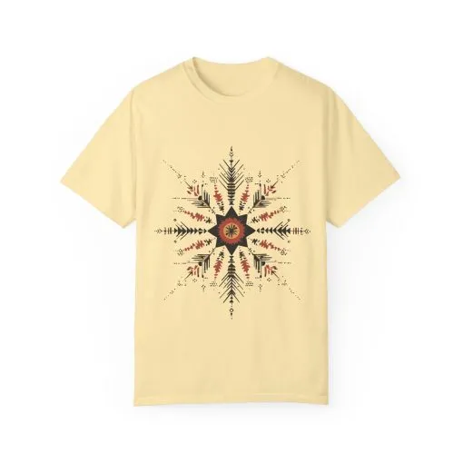 Boho chic nature t-shirt with geometric tribal design, artistic mandala print tee, unisex garment-dyed earthy tone t-shirt, bohemian festival fashion t-shirt.