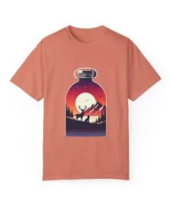 Adventure mountain t-shirt with deer and nature print, eco-friendly outdoor t-shirt, scenic wildlife graphic tee, unisex nature lover’s t-shirt.