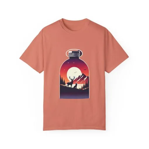 Adventure mountain t-shirt with deer and nature print, eco-friendly outdoor t-shirt, scenic wildlife graphic tee, unisex nature lover’s t-shirt.