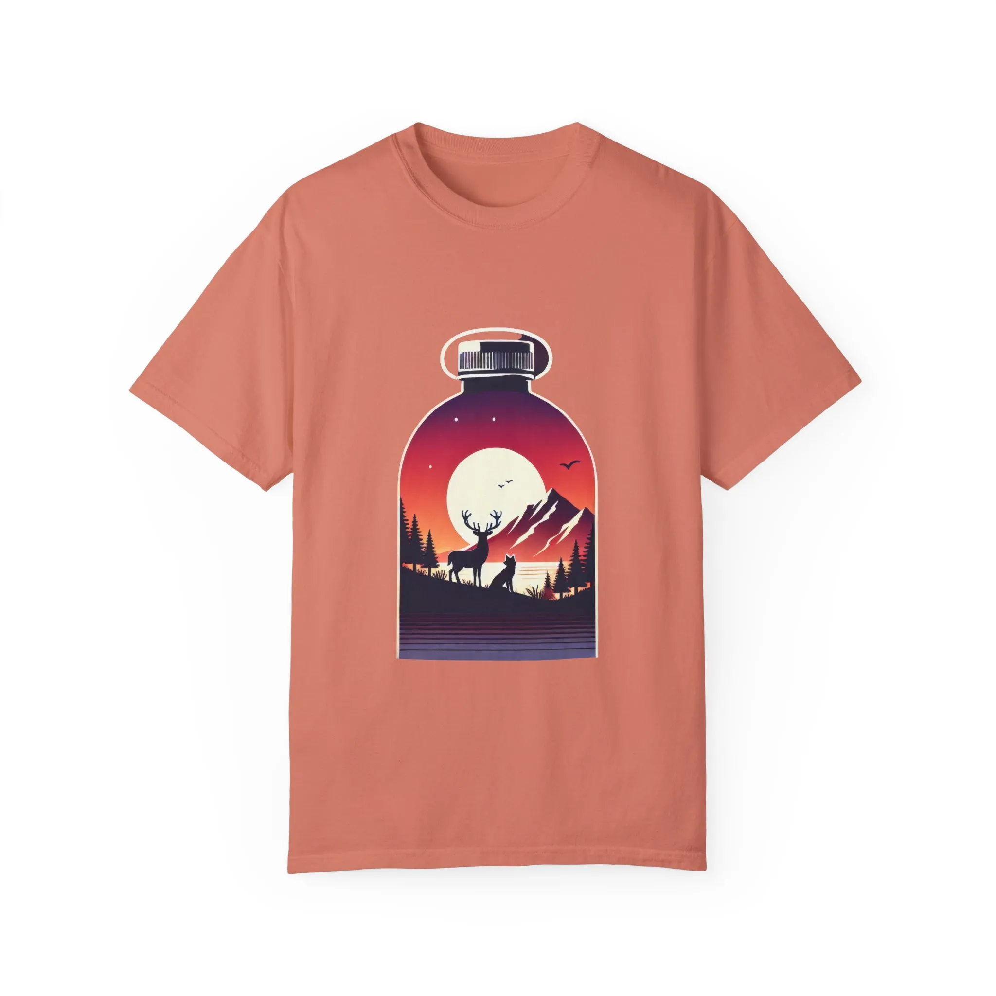 Adventure mountain t-shirt with deer and nature print, eco-friendly outdoor t-shirt, scenic wildlife graphic tee, unisex nature lover’s t-shirt.