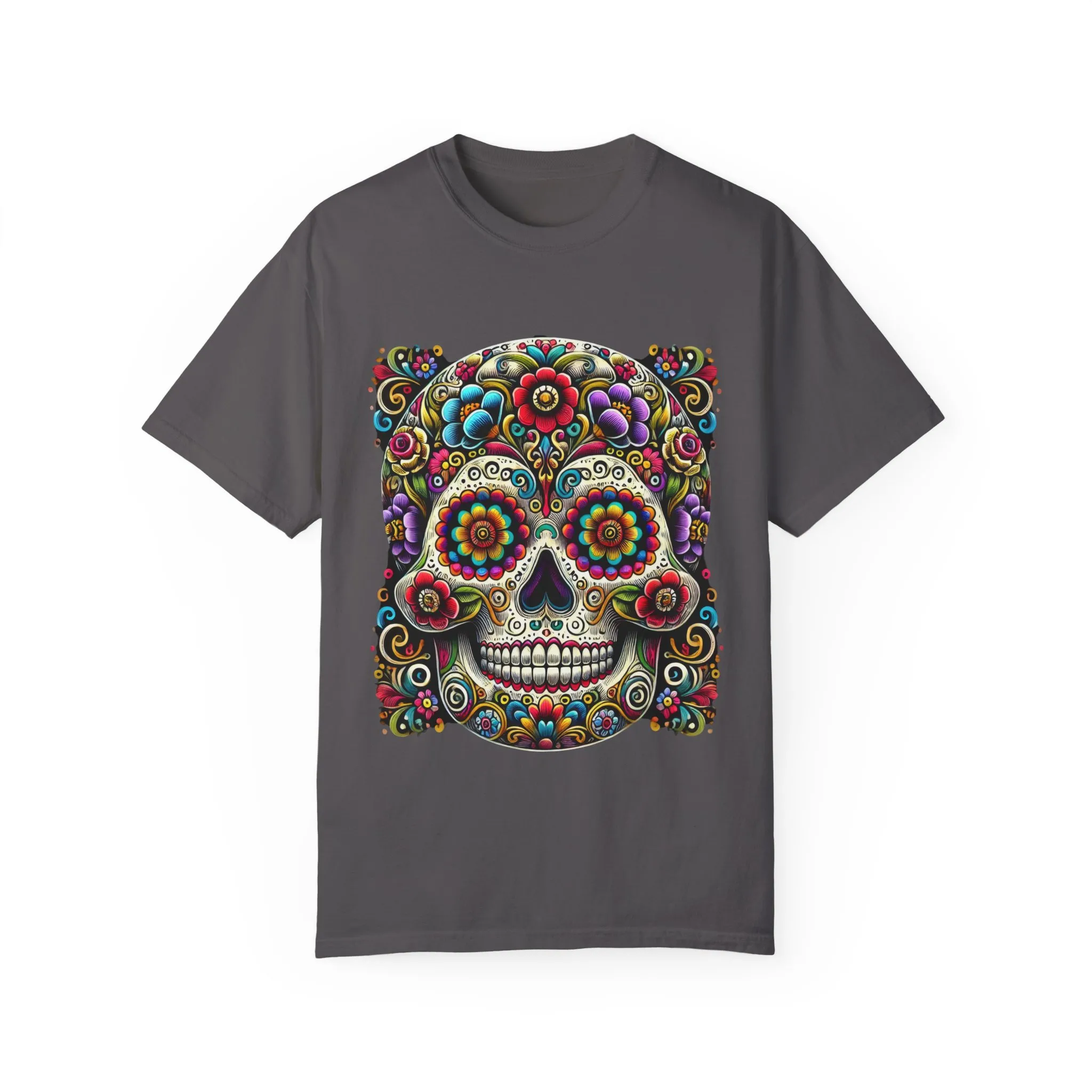 Colorful Floral Skull T-Shirt | Day of the Dead Style | Unisex Garment-Dyed Tee - Image 17