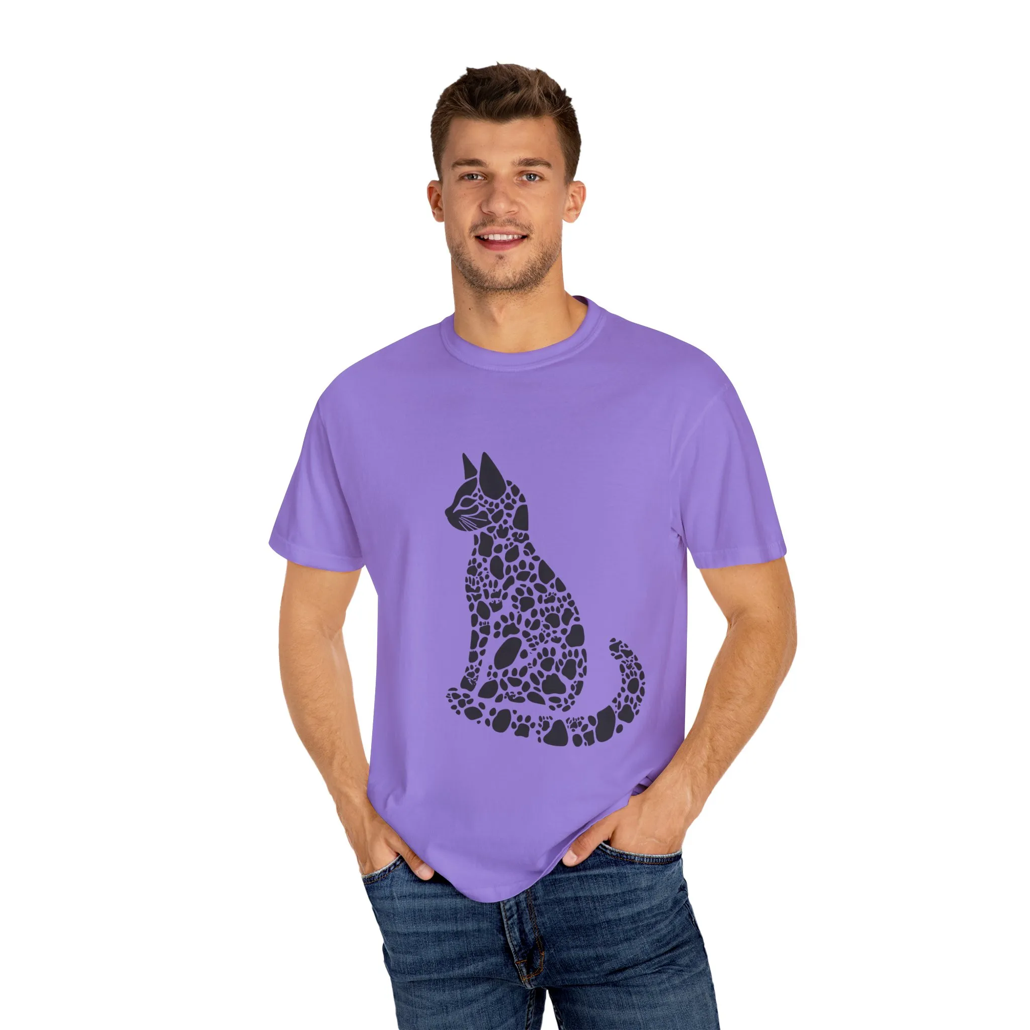 Unisex Cat Lover T-Shirt | Vintage Garment-Dyed Tee with Paw Print Cat Silhouette - Image 24