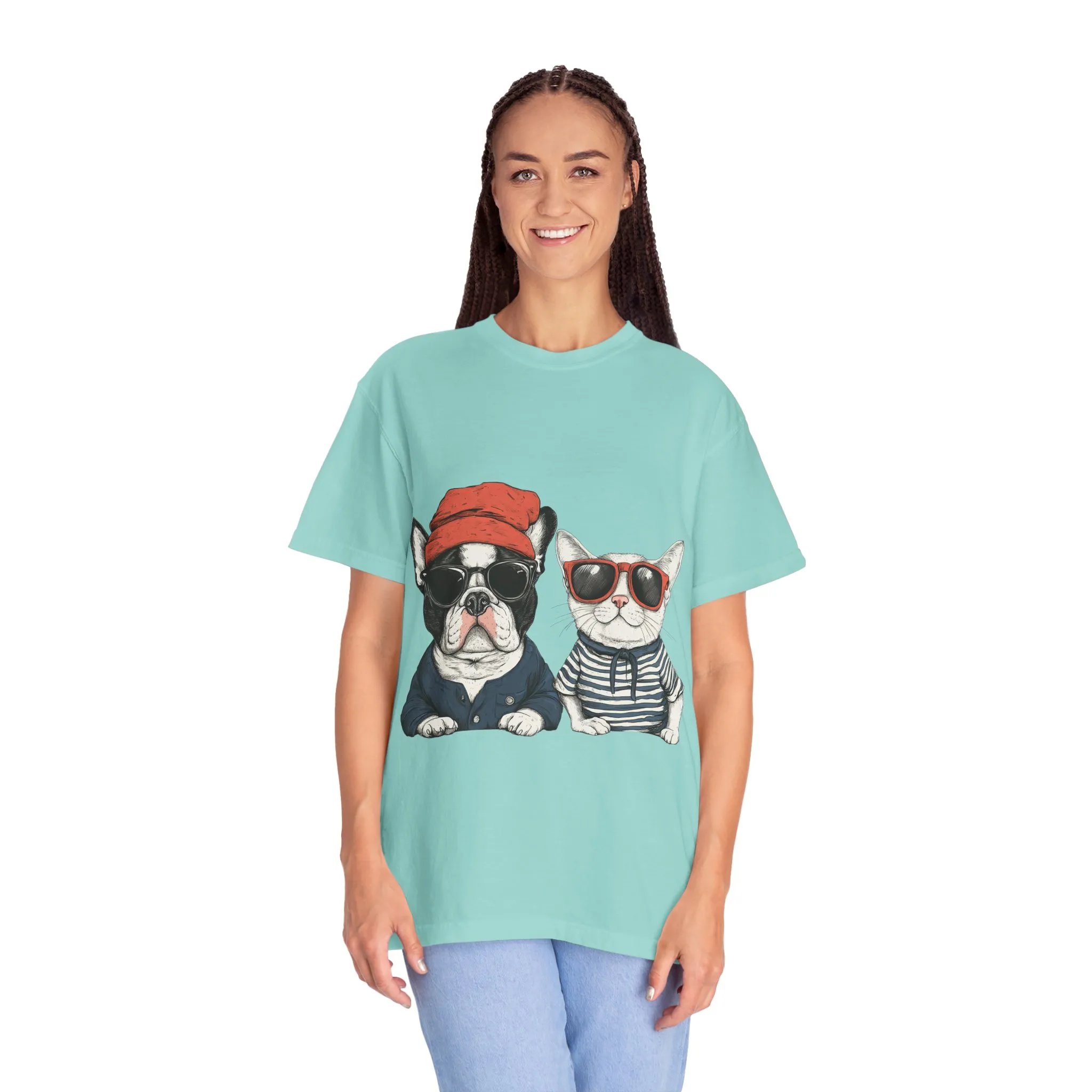 Trendy French Bulldog & Cat T-Shirt, Unisex Vintage Graphic Tee with Cool Sunglasses Design - Image 16