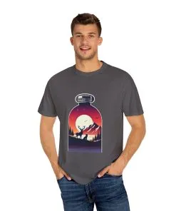 Adventure mountain t-shirt with deer and nature print, eco-friendly outdoor t-shirt, scenic wildlife graphic tee, unisex nature lover’s t-shirt.