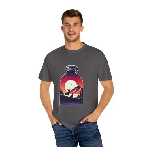 Adventure mountain t-shirt with deer and nature print, eco-friendly outdoor t-shirt, scenic wildlife graphic tee, unisex nature lover’s t-shirt.