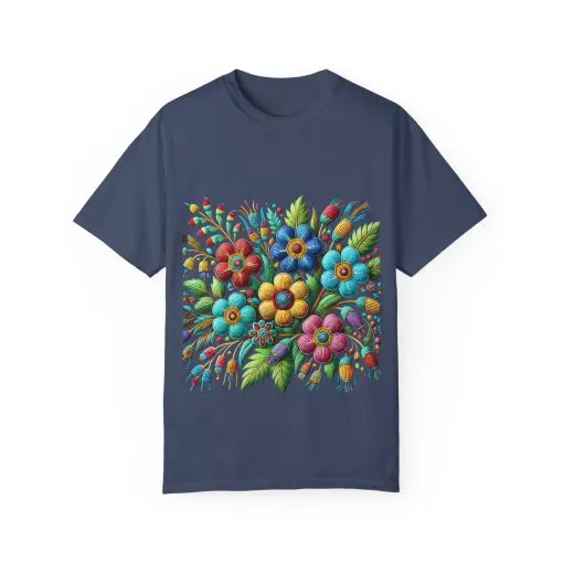 Colorful floral t-shirt with artistic flower print, vibrant unisex garment-dyed tee, bohemian botanical design t-shirt, handmade style floral print tee on light blue fabric.