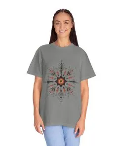 Boho chic nature t-shirt with geometric tribal design, artistic mandala print tee, unisex garment-dyed earthy tone t-shirt, bohemian festival fashion t-shirt.