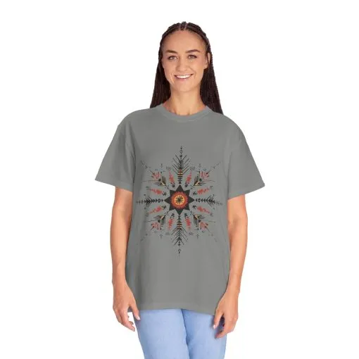 Boho chic nature t-shirt with geometric tribal design, artistic mandala print tee, unisex garment-dyed earthy tone t-shirt, bohemian festival fashion t-shirt.