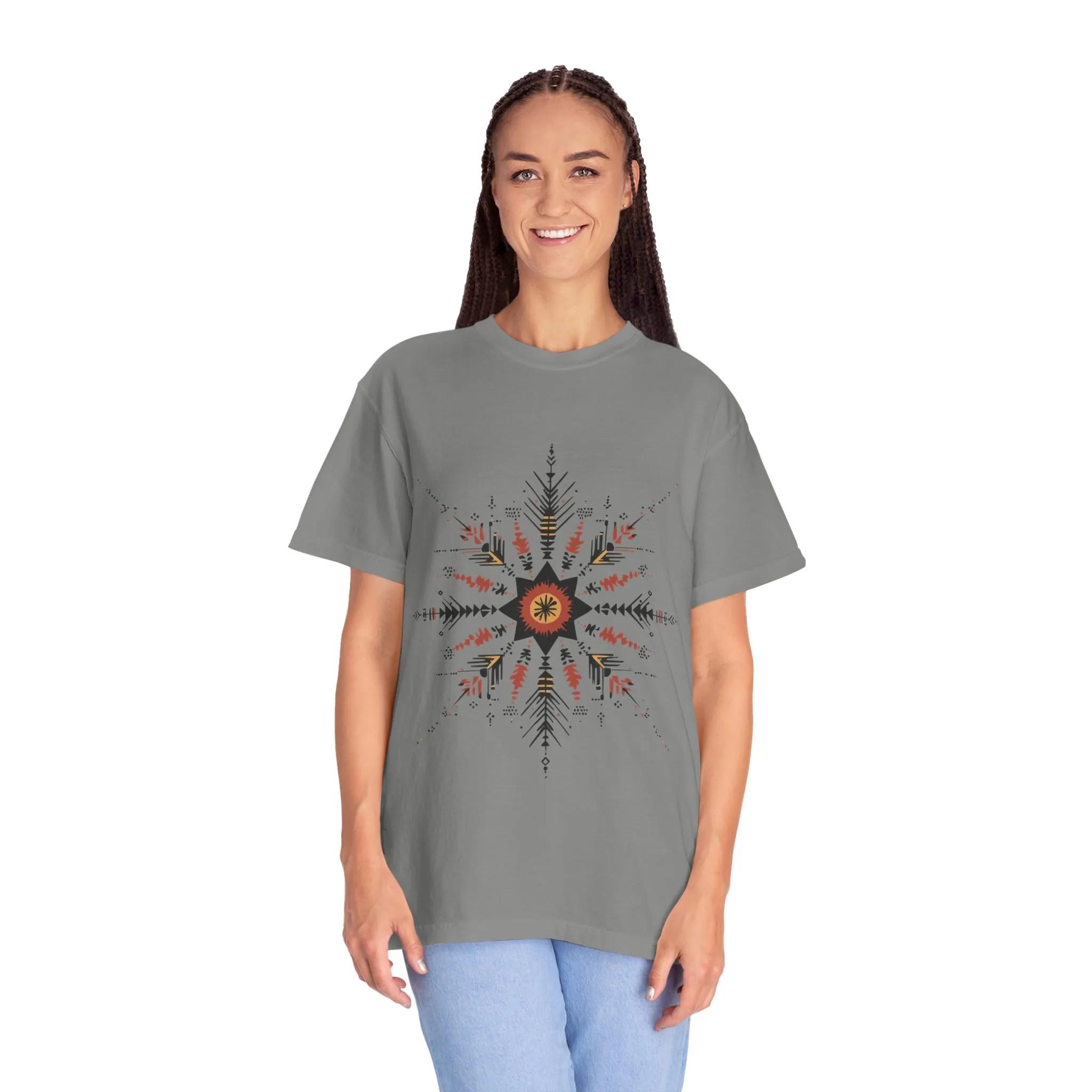Boho chic nature t-shirt with geometric tribal design, artistic mandala print tee, unisex garment-dyed earthy tone t-shirt, bohemian festival fashion t-shirt.