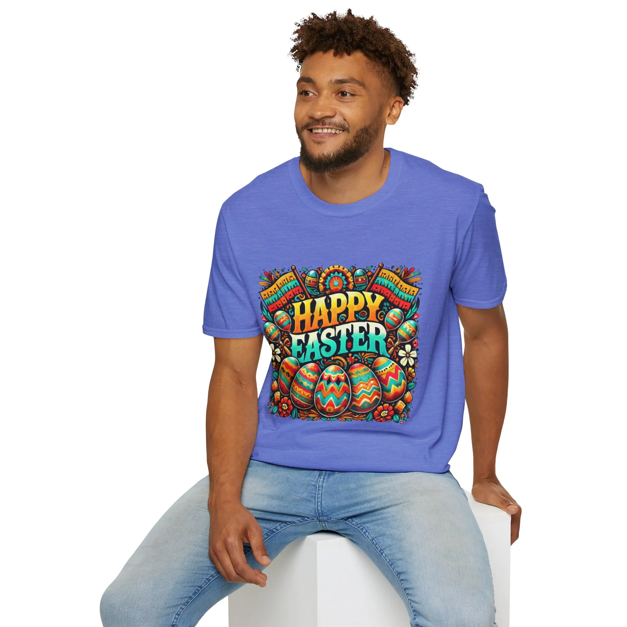 Happy Easter Unisex Softstyle T-Shirt - Colorful Easter Egg Design - Image 45