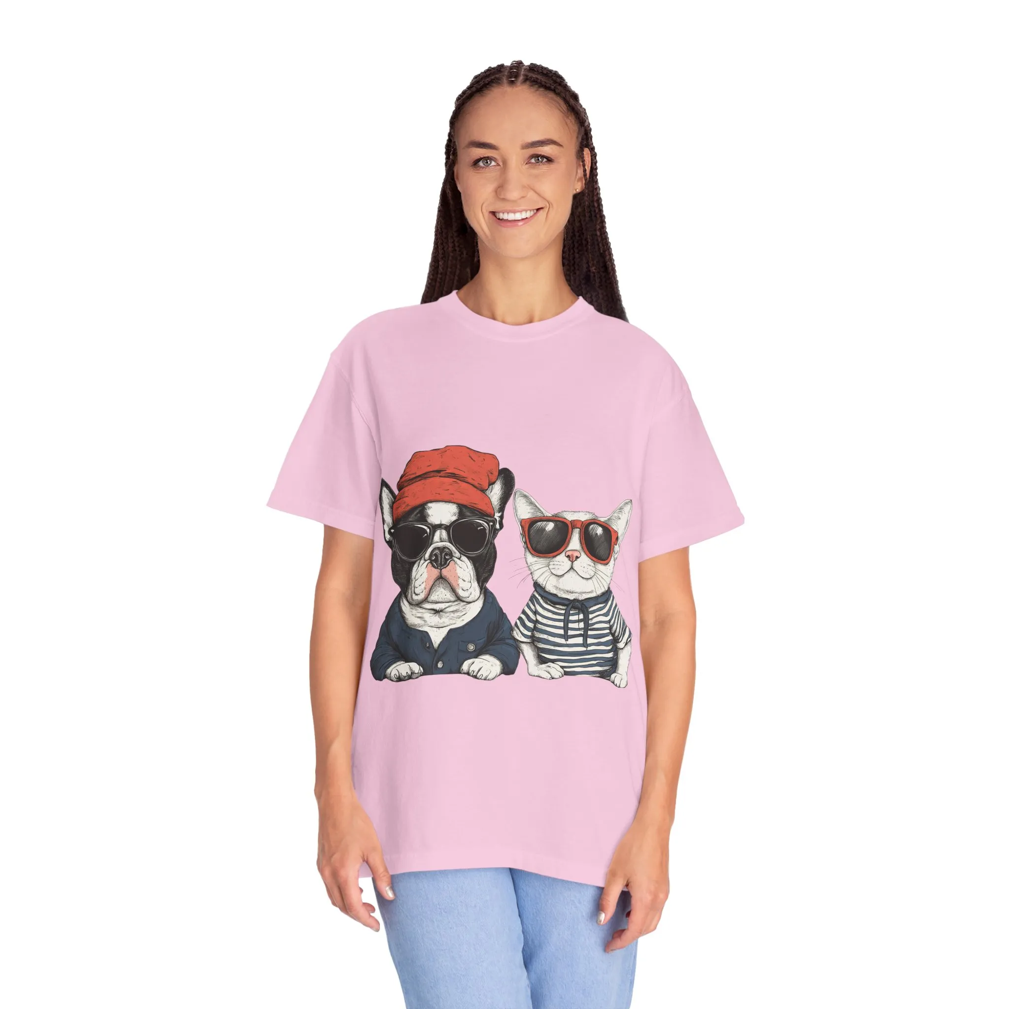 Trendy French Bulldog & Cat T-Shirt, Unisex Vintage Graphic Tee with Cool Sunglasses Design - Image 28