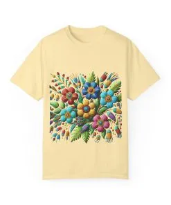 Colorful floral t-shirt with artistic flower print, vibrant unisex garment-dyed tee, bohemian botanical design t-shirt, handmade style floral print tee on light blue fabric.