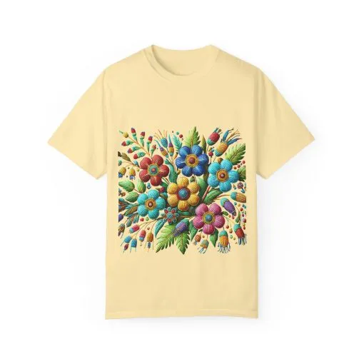 Colorful floral t-shirt with artistic flower print, vibrant unisex garment-dyed tee, bohemian botanical design t-shirt, handmade style floral print tee on light blue fabric.