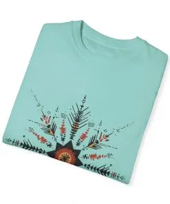 Boho chic nature t-shirt with geometric tribal design, artistic mandala print tee, unisex garment-dyed earthy tone t-shirt, bohemian festival fashion t-shirt.