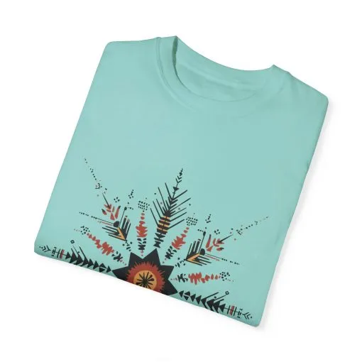 Boho chic nature t-shirt with geometric tribal design, artistic mandala print tee, unisex garment-dyed earthy tone t-shirt, bohemian festival fashion t-shirt.