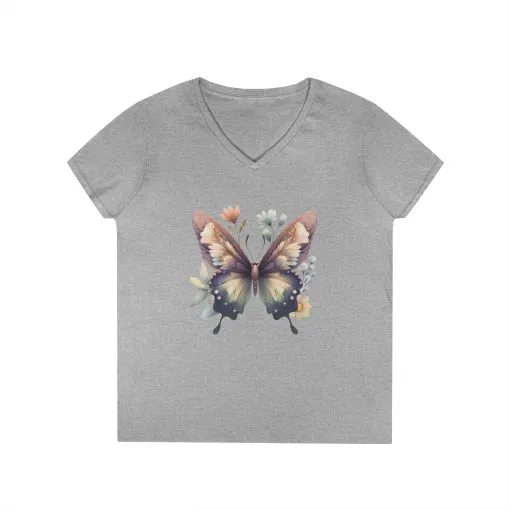 Butterfly Blossom Ladies' V-Neck T-Shirt - Floral Graphic Tee for Nature Lovers - Image 3