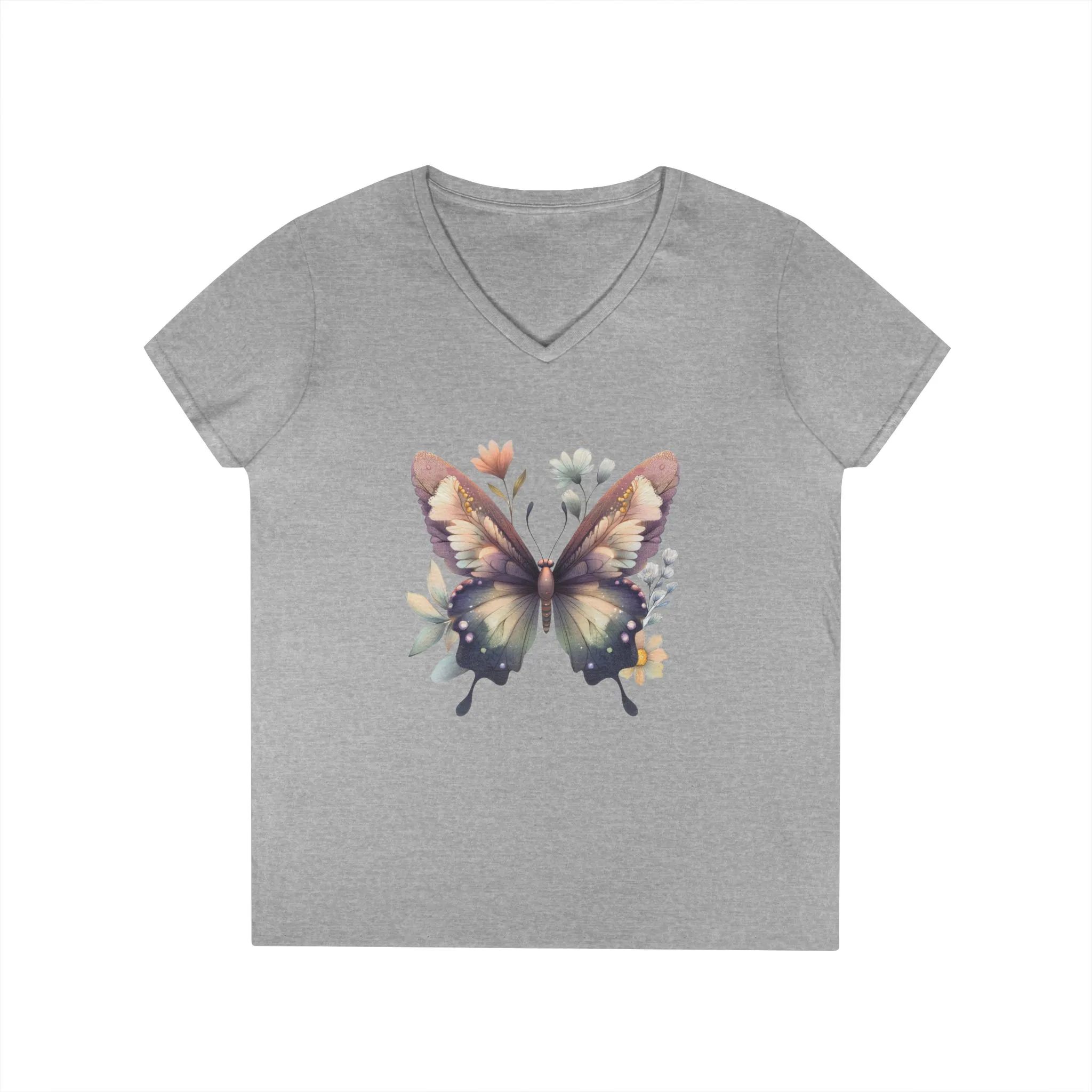 Butterfly Blossom Ladies' V-Neck T-Shirt - Floral Graphic Tee for Nature Lovers - Image 3