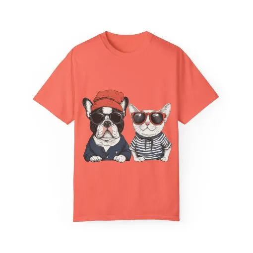 Trendy French Bulldog & Cat T-Shirt | Unisex Vintage Graphic Tee with Cool Sunglasses Design - Image 9