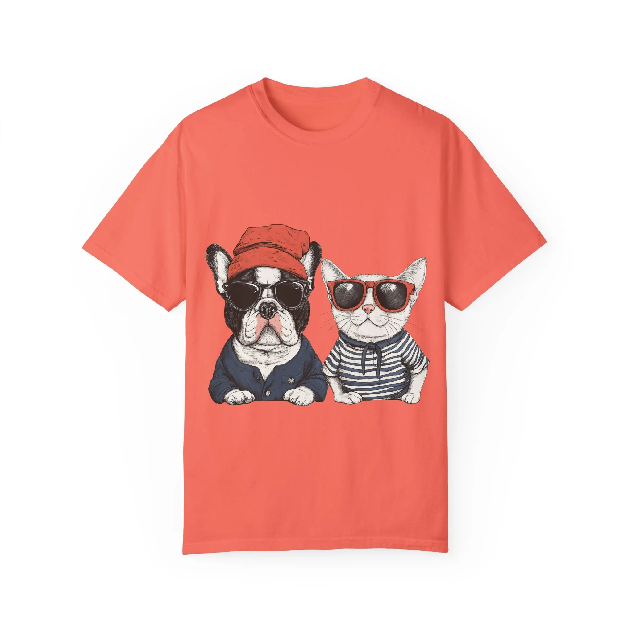 Trendy French Bulldog & Cat T-Shirt, Unisex Vintage Graphic Tee with Cool Sunglasses Design - Image 9