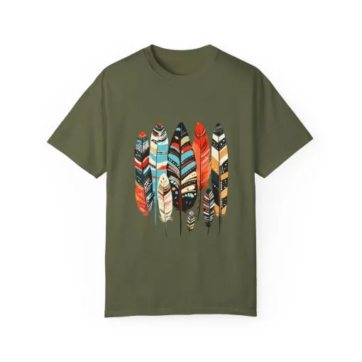 Colorful feather t-shirt with bohemian feather print, artistic tribal feather design tee, unisex boho chic feather graphic t-shirt on white fabric.