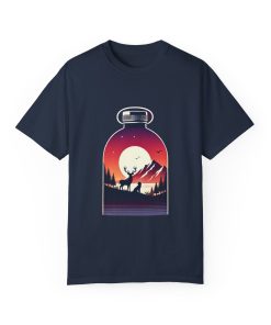 Adventure mountain t-shirt with deer and nature print, eco-friendly outdoor t-shirt, scenic wildlife graphic tee, unisex nature lover’s t-shirt.