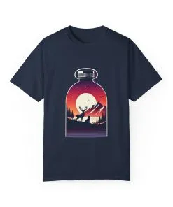 Adventure mountain t-shirt with deer and nature print, eco-friendly outdoor t-shirt, scenic wildlife graphic tee, unisex nature lover’s t-shirt.