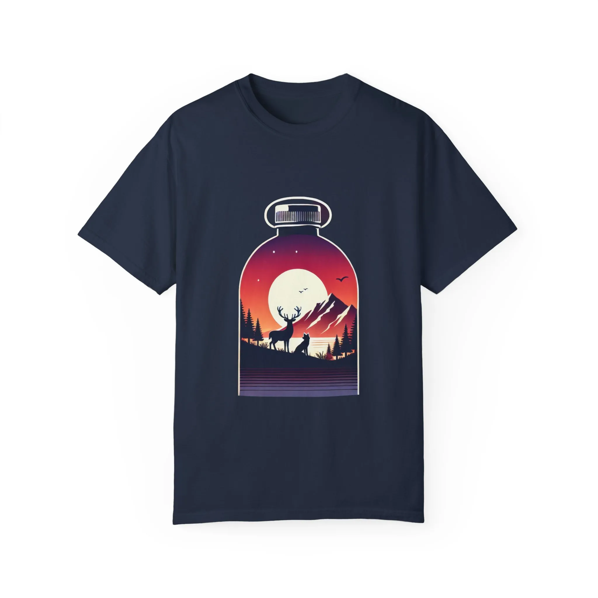Adventure mountain t-shirt with deer and nature print, eco-friendly outdoor t-shirt, scenic wildlife graphic tee, unisex nature lover’s t-shirt.