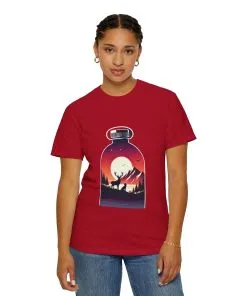 Adventure mountain t-shirt with deer and nature print, eco-friendly outdoor t-shirt, scenic wildlife graphic tee, unisex nature lover’s t-shirt.