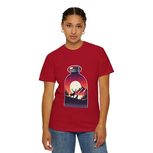 Adventure mountain t-shirt with deer and nature print, eco-friendly outdoor t-shirt, scenic wildlife graphic tee, unisex nature lover’s t-shirt.