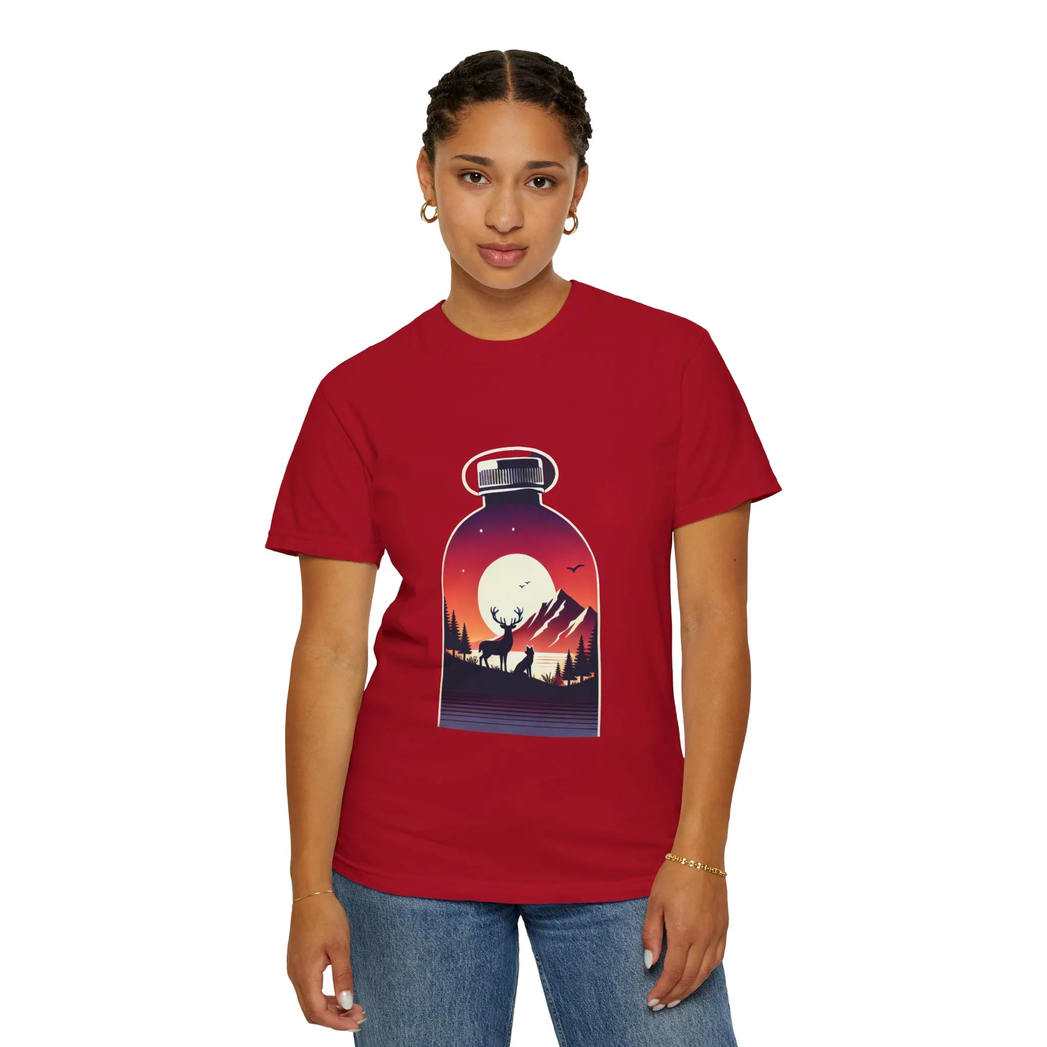 Adventure mountain t-shirt with deer and nature print, eco-friendly outdoor t-shirt, scenic wildlife graphic tee, unisex nature lover’s t-shirt.