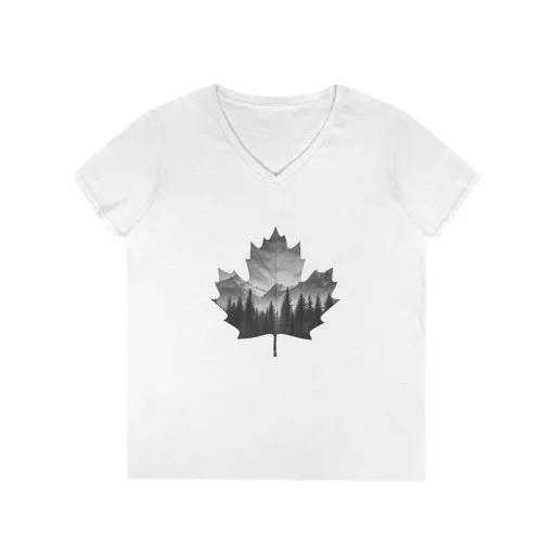 Nature-Inspired V-Neck T-Shirt for Women - Black and White Maple Leaf Design - Image 2