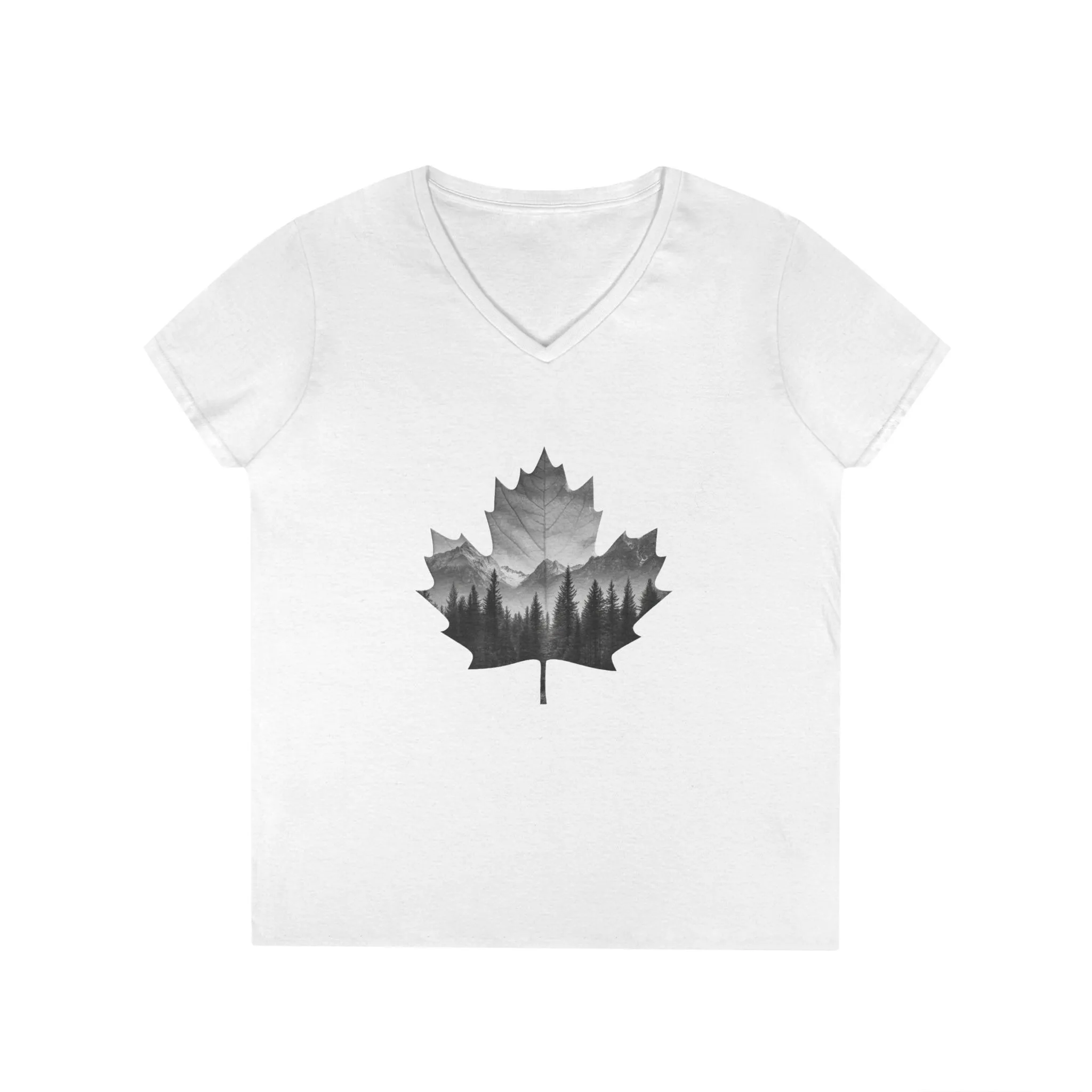 Nature-Inspired V-Neck T-Shirt for Women - Black and White Maple Leaf Design - Image 2