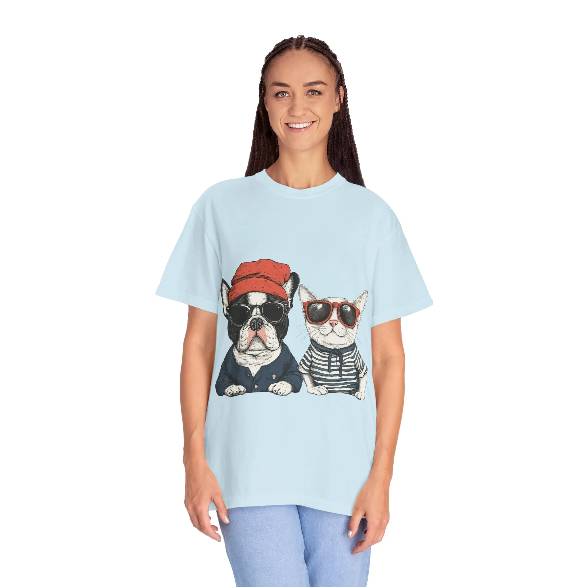 Trendy French Bulldog & Cat T-Shirt, Unisex Vintage Graphic Tee with Cool Sunglasses Design - Image 20