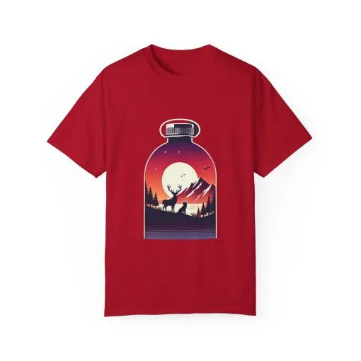 Adventure mountain t-shirt with deer and nature print, eco-friendly outdoor t-shirt, scenic wildlife graphic tee, unisex nature lover’s t-shirt.