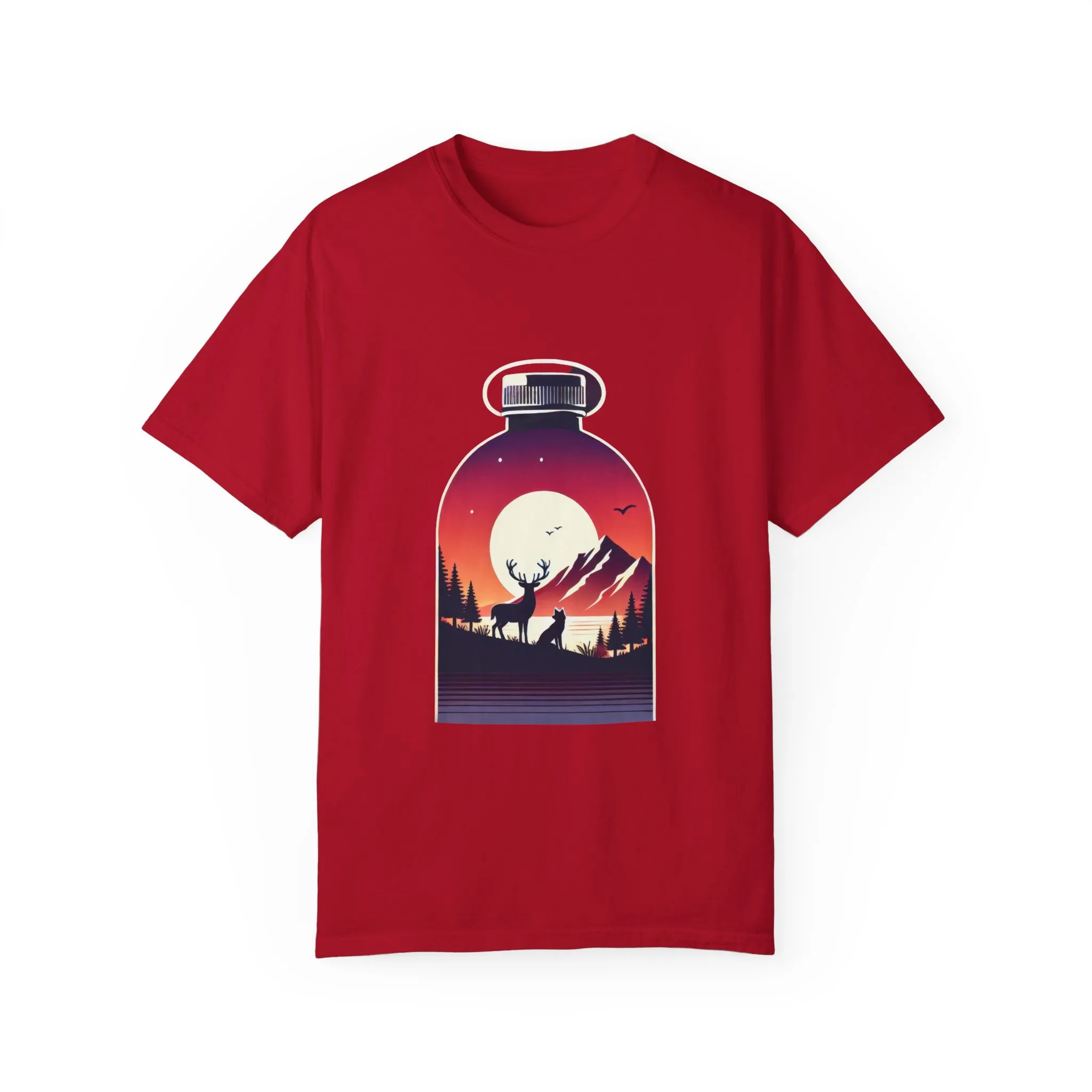 Adventure mountain t-shirt with deer and nature print, eco-friendly outdoor t-shirt, scenic wildlife graphic tee, unisex nature lover’s t-shirt.