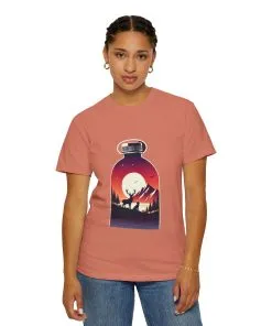 Adventure mountain t-shirt with deer and nature print, eco-friendly outdoor t-shirt, scenic wildlife graphic tee, unisex nature lover’s t-shirt.