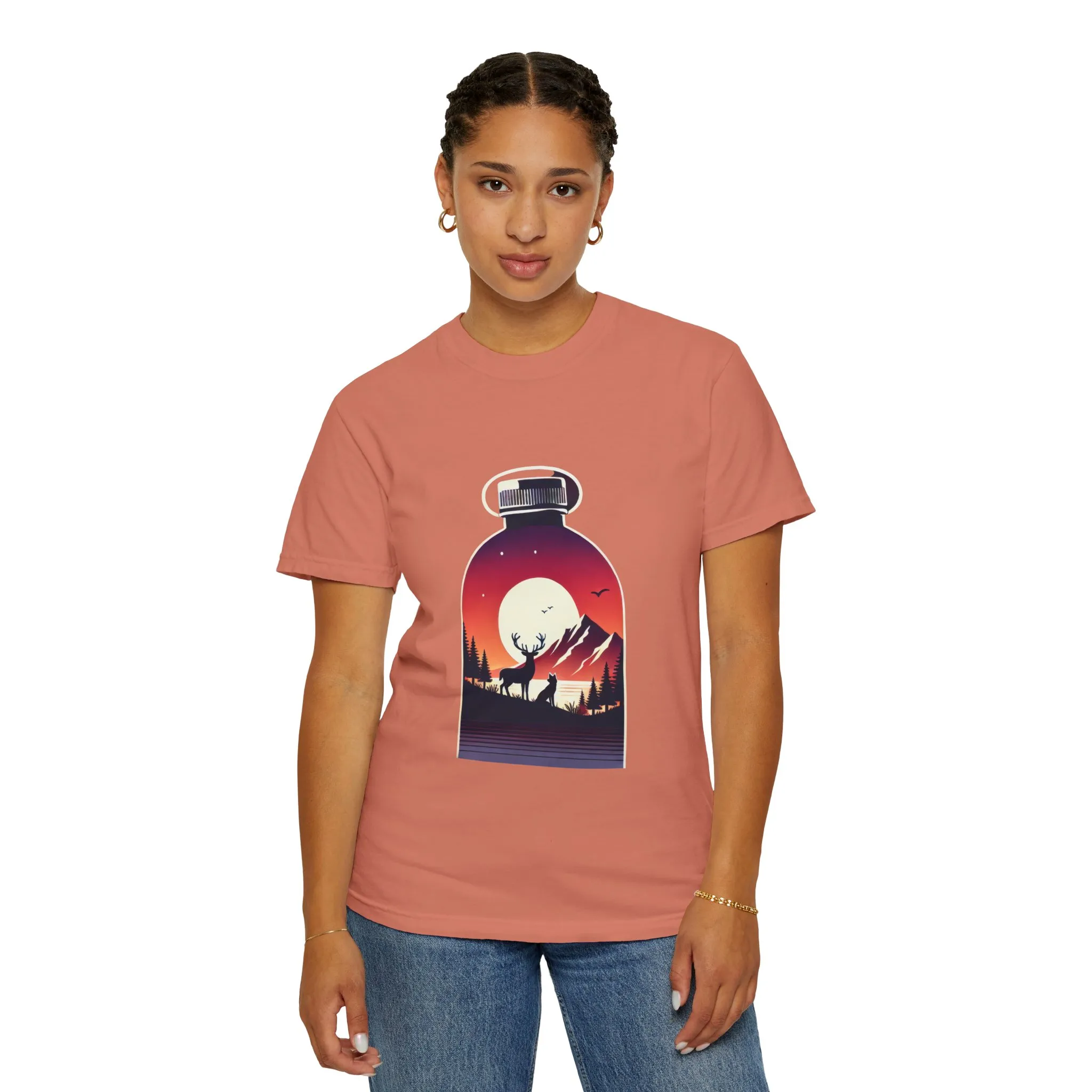 Adventure mountain t-shirt with deer and nature print, eco-friendly outdoor t-shirt, scenic wildlife graphic tee, unisex nature lover’s t-shirt.