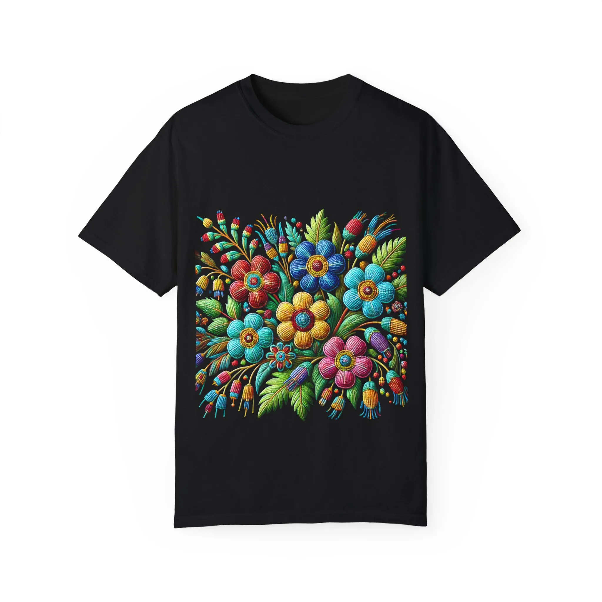 Colorful floral t-shirt with artistic flower print, vibrant unisex garment-dyed tee, bohemian botanical design t-shirt, handmade style floral print tee on light blue fabric.