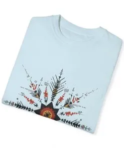 Boho chic nature t-shirt with geometric tribal design, artistic mandala print tee, unisex garment-dyed earthy tone t-shirt, bohemian festival fashion t-shirt.