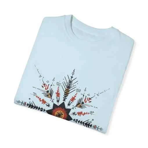 Boho chic nature t-shirt with geometric tribal design, artistic mandala print tee, unisex garment-dyed earthy tone t-shirt, bohemian festival fashion t-shirt.