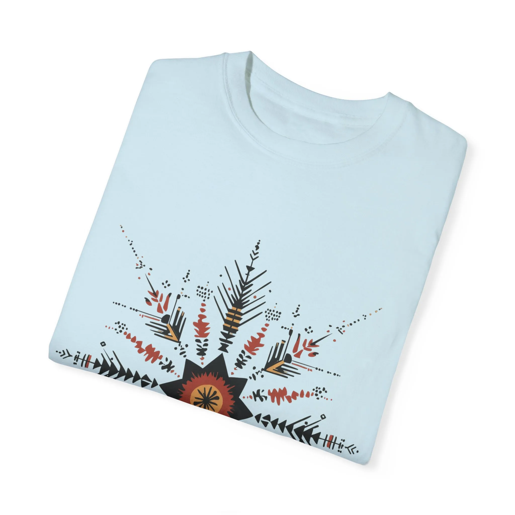 Boho chic nature t-shirt with geometric tribal design, artistic mandala print tee, unisex garment-dyed earthy tone t-shirt, bohemian festival fashion t-shirt.