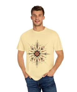 Boho chic nature t-shirt with geometric tribal design, artistic mandala print tee, unisex garment-dyed earthy tone t-shirt, bohemian festival fashion t-shirt.