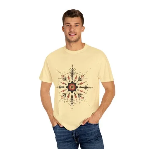 Boho chic nature t-shirt with geometric tribal design, artistic mandala print tee, unisex garment-dyed earthy tone t-shirt, bohemian festival fashion t-shirt.