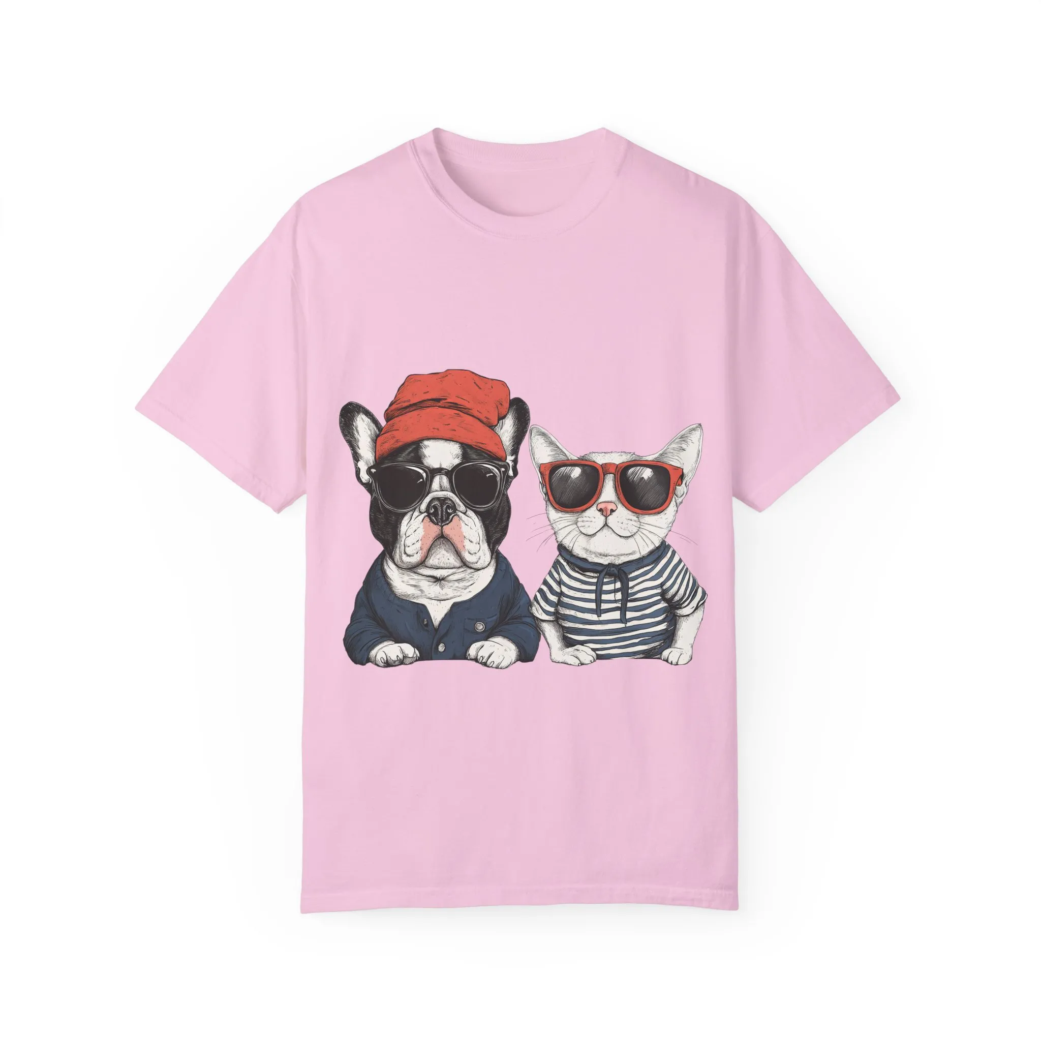 Trendy French Bulldog & Cat T-Shirt, Unisex Vintage Graphic Tee with Cool Sunglasses Design - Image 25